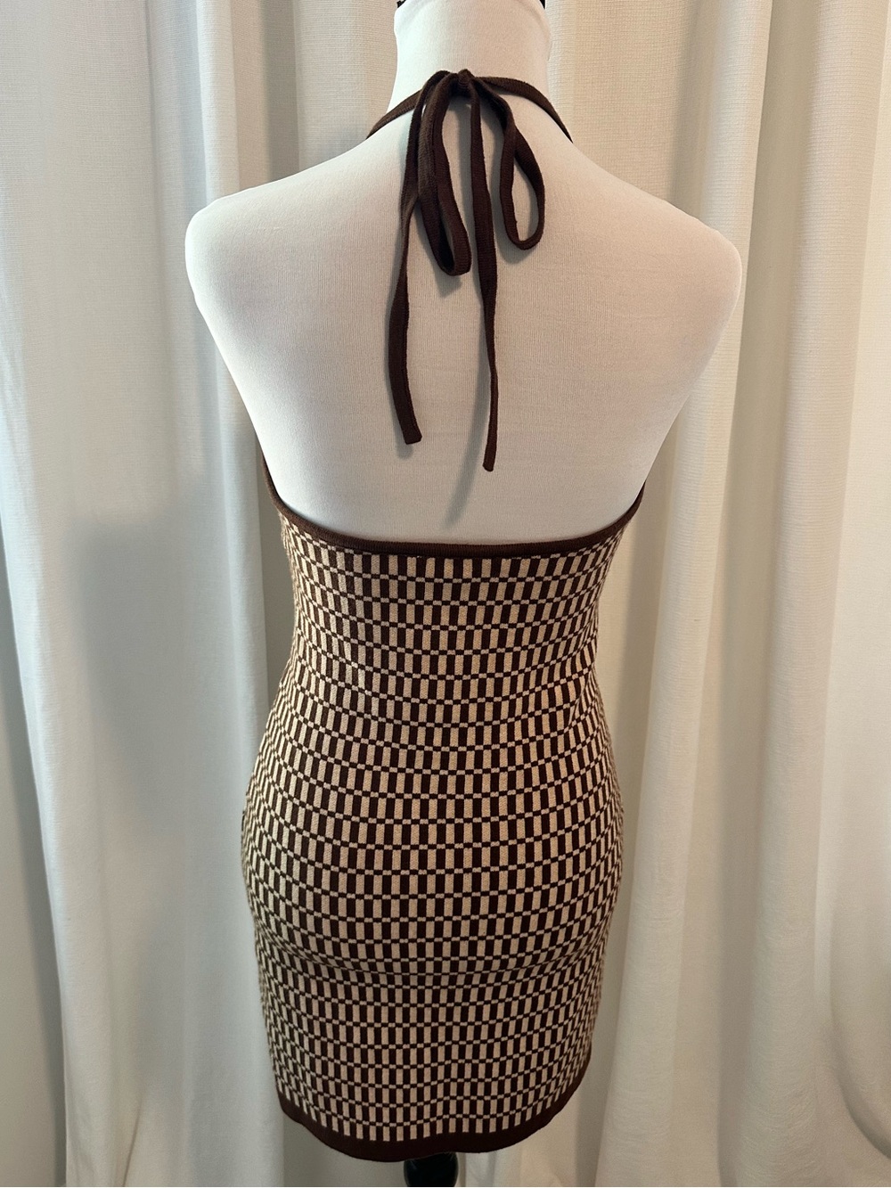 Cotton Candy Brown & Cream Checker Halter Mini Dress - Picture 5 of 9